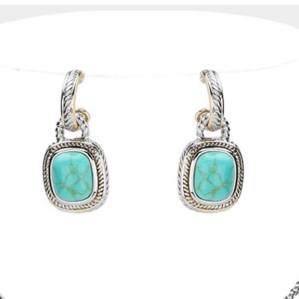 14K Gold Plated Two Tone Rectangle Natural Stone Cluster Pendant Earrings